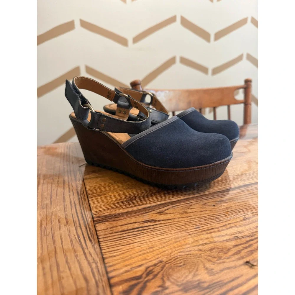 BOC Wedge Sandals Womens Size 7 Navy Blue Leather Slingback Platform Z39134
